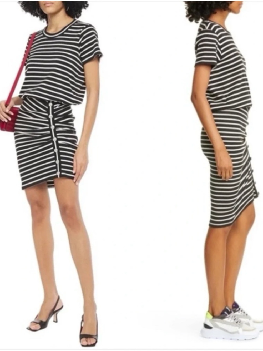 Veronica Beard Cortland Ruched T Shirt Mini Dress Striped Black White XS